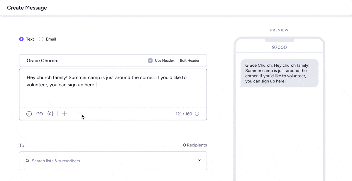 Adding a Planning Center form in a new message.