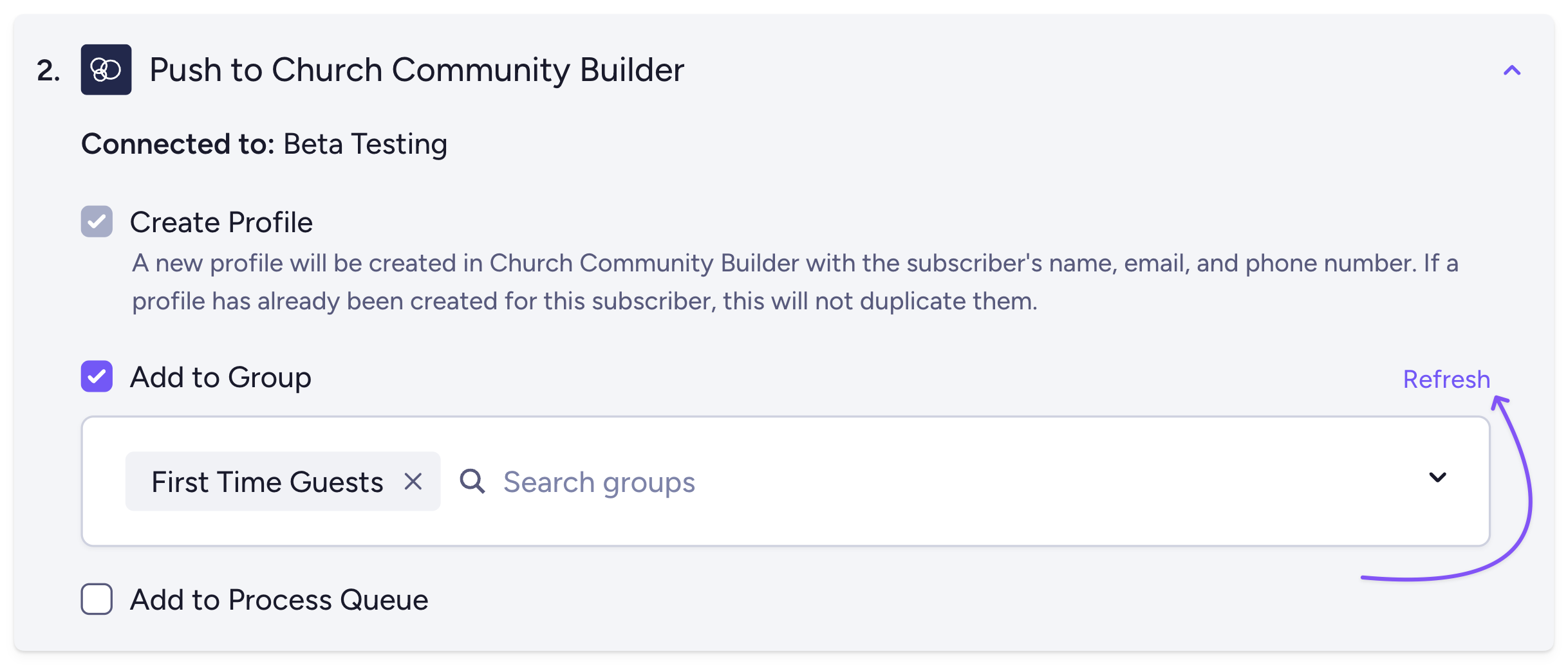 Refresh CCB groups using the Push to CCB workflow step