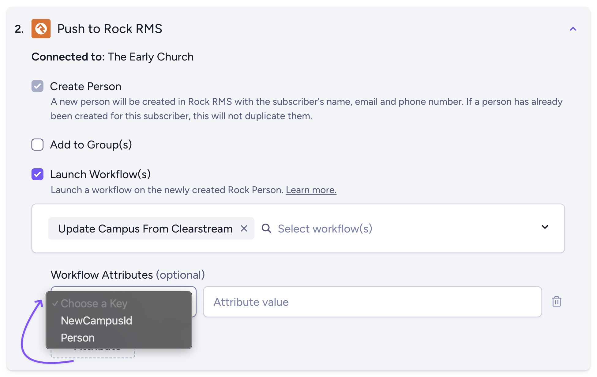Choose a Workflow Attribute from the dropdown in the Push to Rock workflow step
