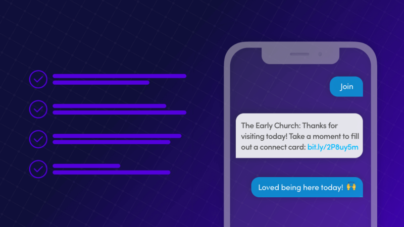 Phone mock-up of texting the keyword "join" and receiving a digital connect card