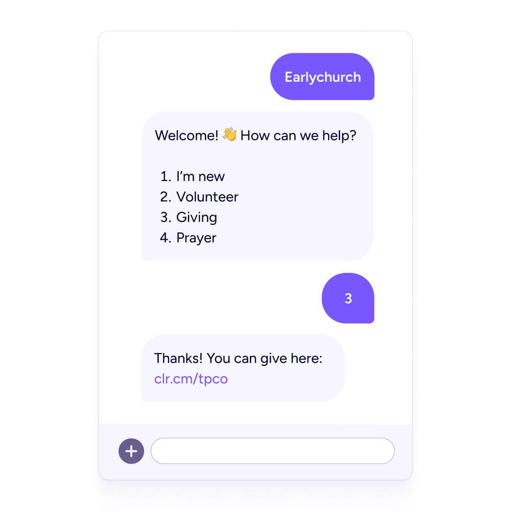 Create text-to-join keywords A keyword workflow, with a menu for 1.) New 2.) Volunteer 3.) Giving 4.) Prayer.