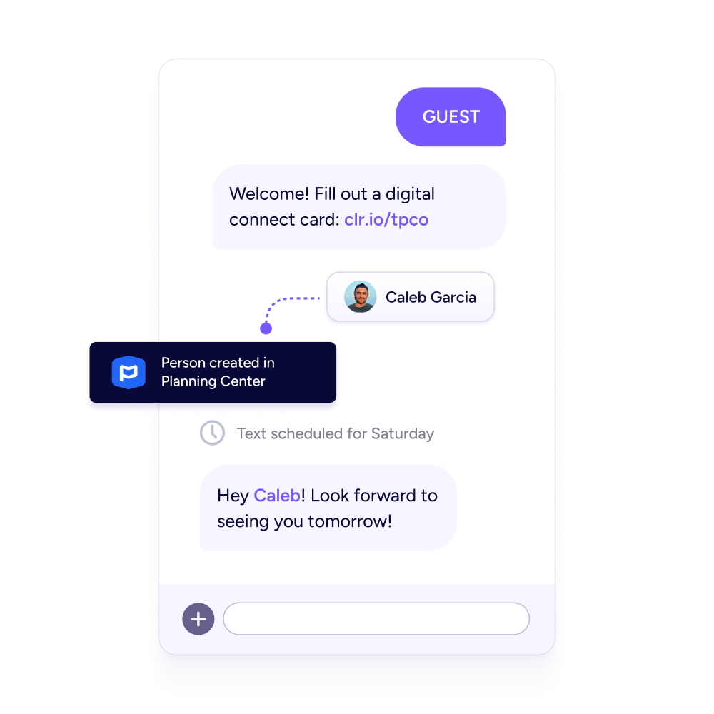 Send a connect card and start a follow-up workflow Automated workflow pushing contact to Planning Center