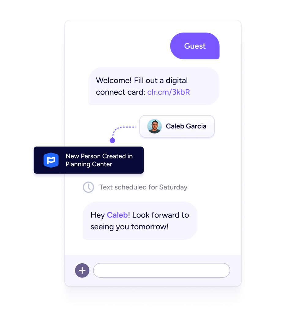 Follow up with visitors A preview of a guest workflow, with a digital connect card, syncing a new user to Planning Center