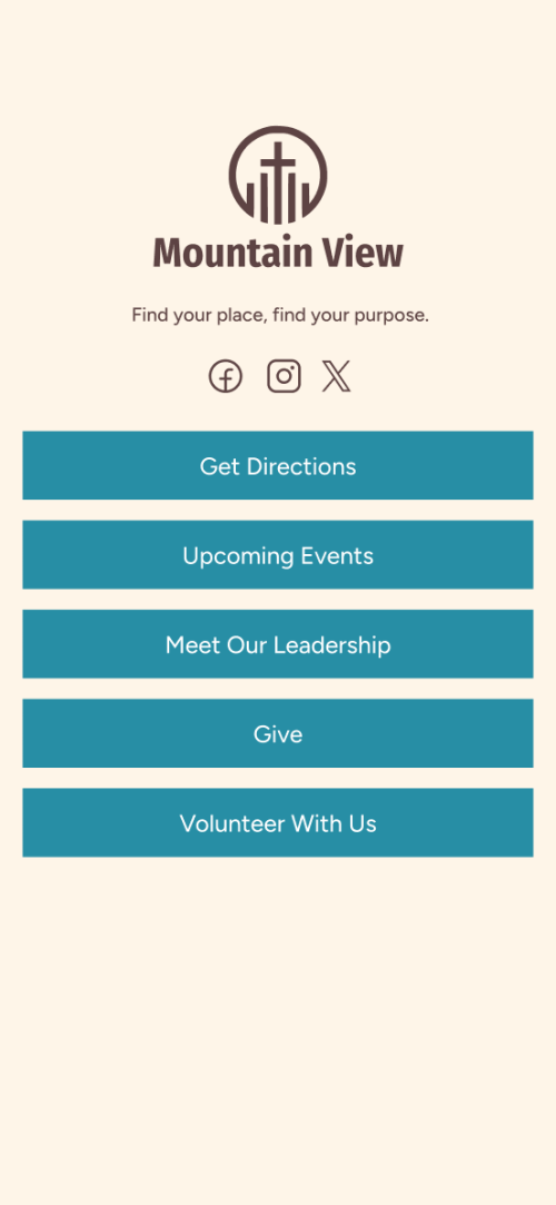 Landing page for churches (like a linktree) with options for events, giving, volunteering, and more