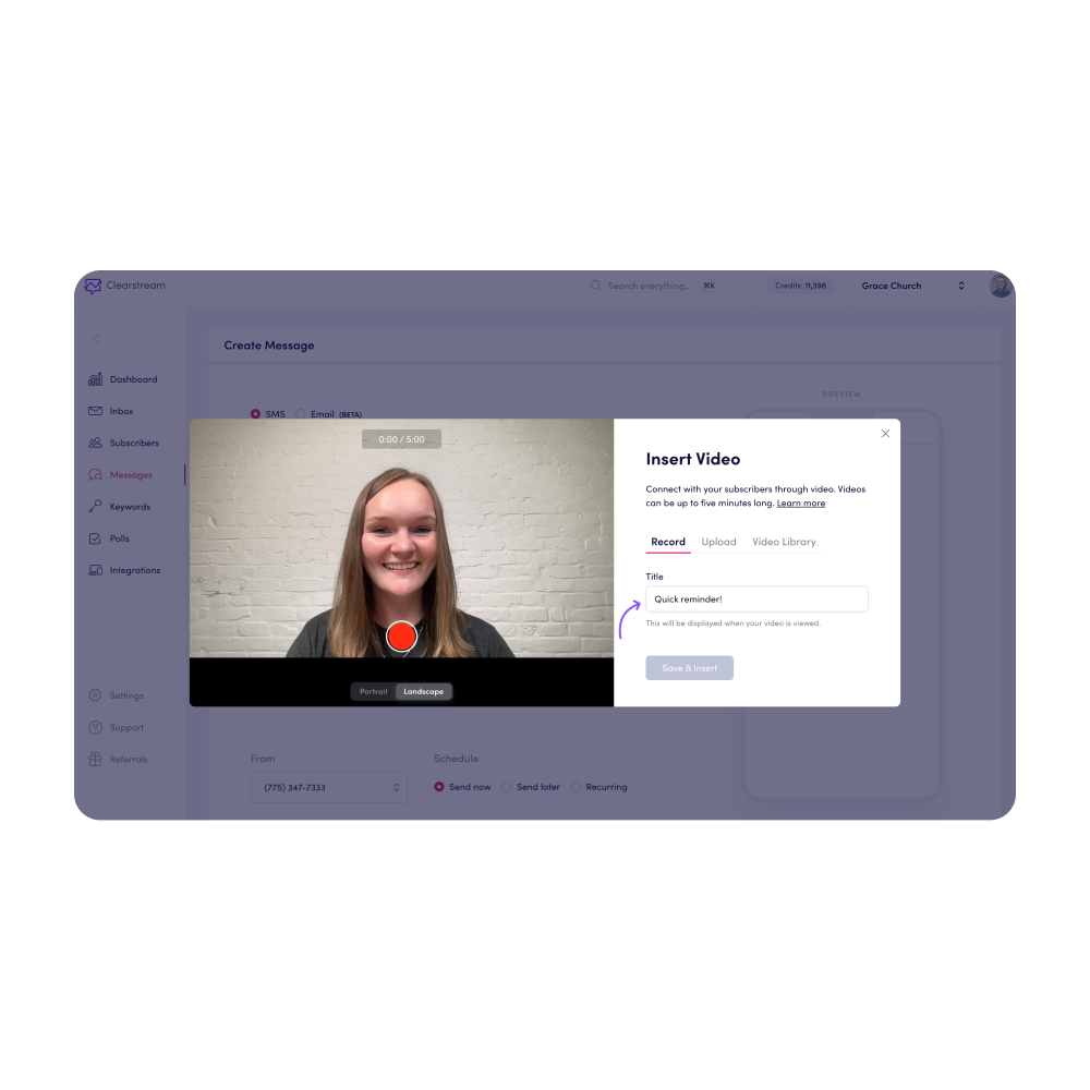 Send video texts The 'Insert Video' modal, showing a smiling young woman. The video is titled 'Quick reminder!'