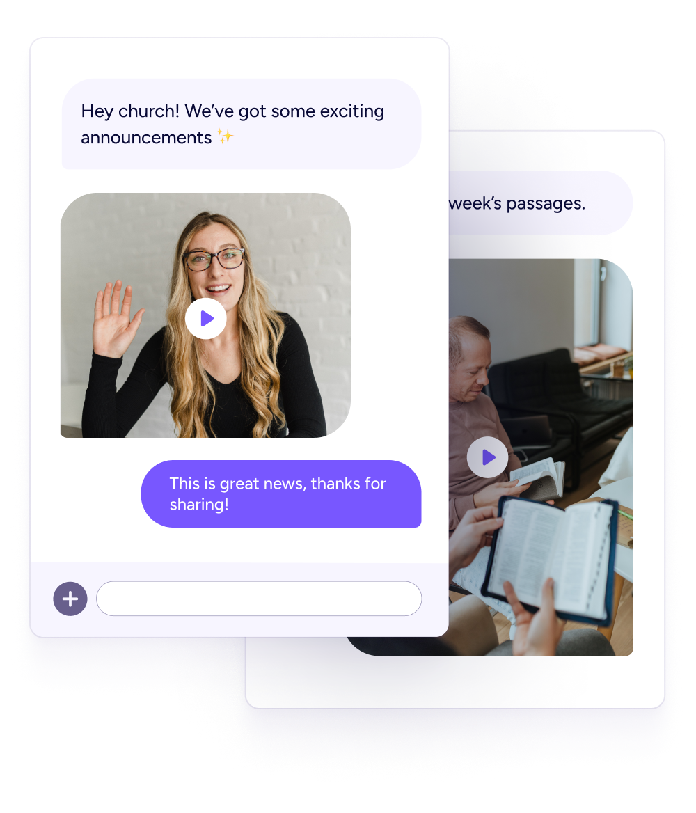 Send images, videos, or notes A mass text saying 'Hey church! We've got some exciting annoucements' with a video of a friendly, smiling young woman attached.