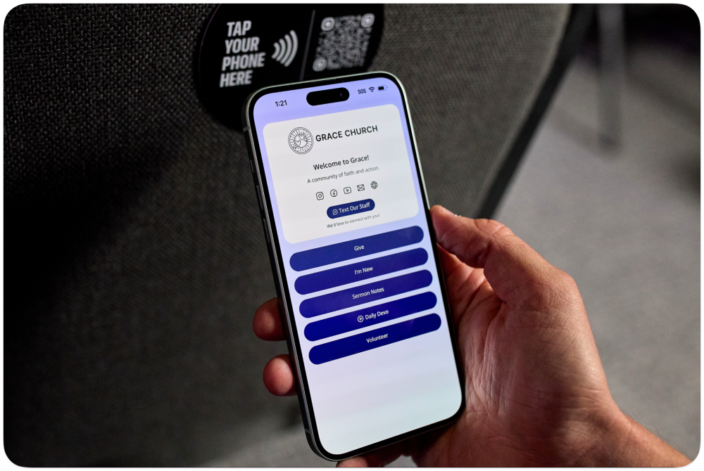 Tap to connect, give, & more iPhone showing custom landing page after tapping a branded NFC tag
